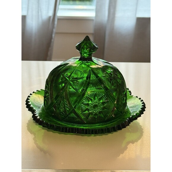 Vintage Kemple Emerald Green Yutec Fan & Star Pressed Glass Butter Dish Sawtooth - Picture 1 of 6